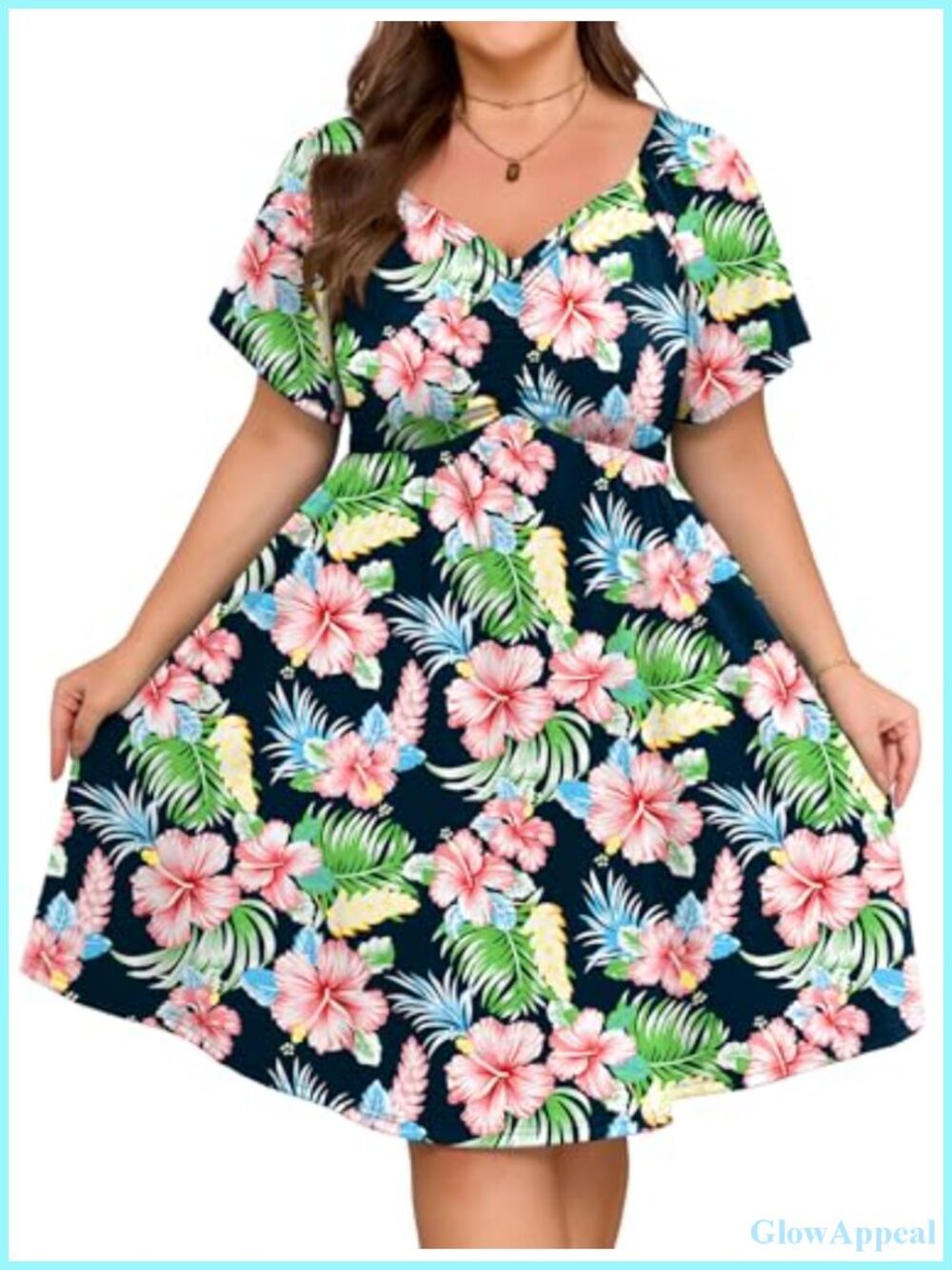 Plus Size Floral A-Line Midi Dress with Pockets Sweetheart Neckline